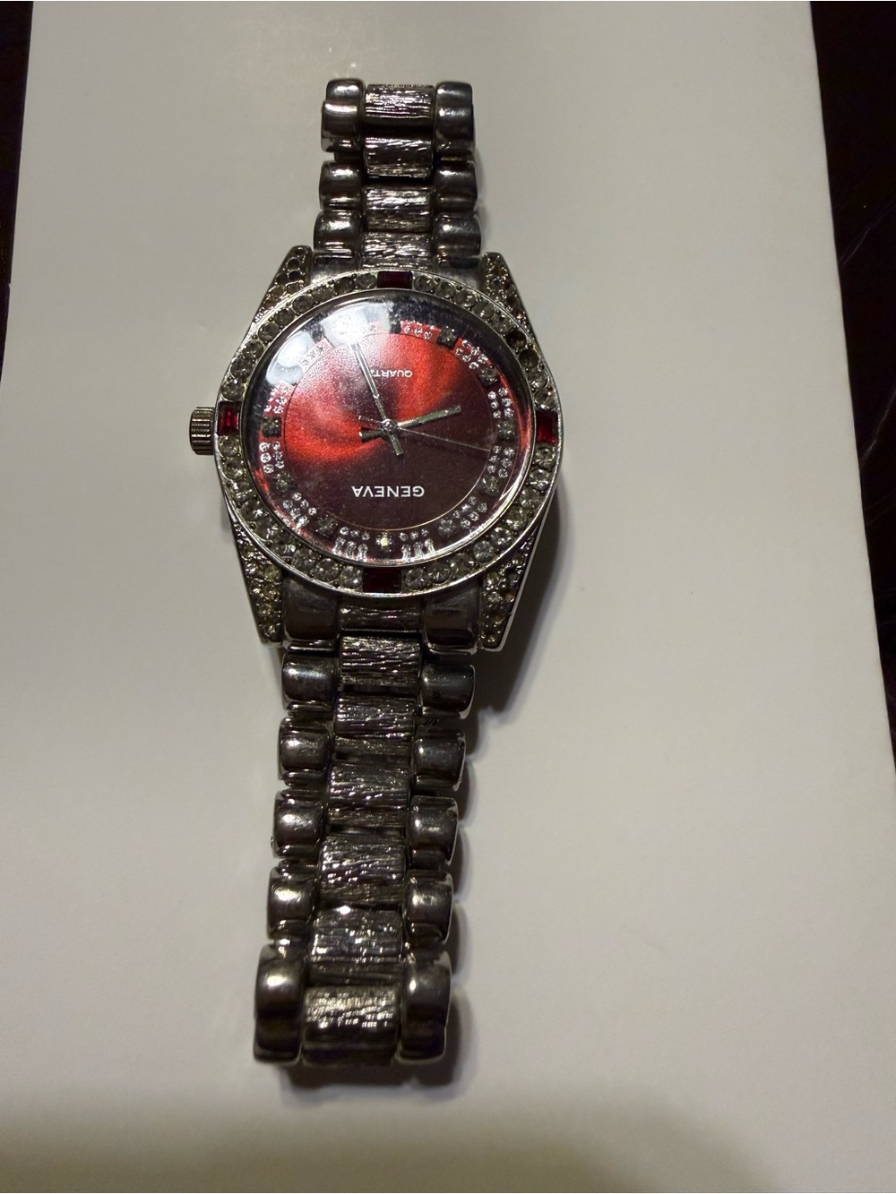 Geneva Silver-Tone Bracelet Watch with Red Sunburst Dial